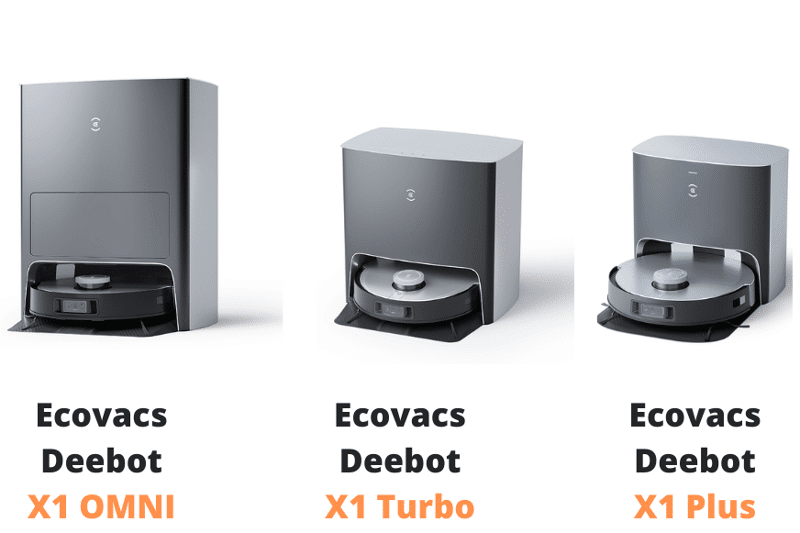 Die verschiedenen Varianten der Ecovacs Deebot X1 Serie sind übersichtlich vor einem weißen Hintergrund zu sehen